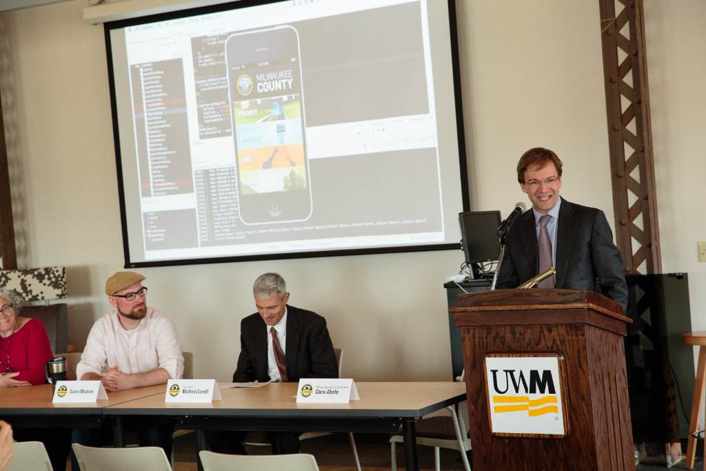 Chris Abele speaks at a news conference announcing the new mobile app created by UWM students for the county. Photo by Peter Jakubowski.