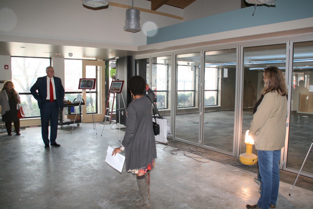 Joan Johnson leads a tour of the Tippecanoe Library renovation project.