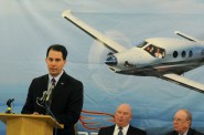 Gov. Scott Walker announces up to $20 million in state subsidies in 2012 for Kestrel Aircraft, which has promised to bring more than 600 jobs to Superior. Three and a half years later, the company, which received state assistance without a full financial review, has created just a few dozen jobs. Kestrel had also promised to bring hundreds of jobs to Brunswick, Maine, before moving its headquarters to Wisconsin in 2012. Photo by Jed Carlson of the Superior Telegram.