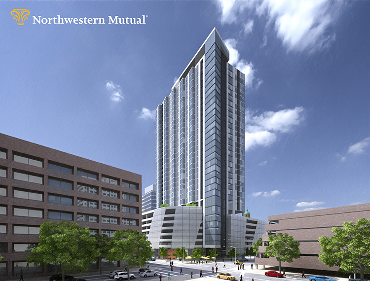 Northwestern Mutual Residential Tower preliminary rendering - Mason and Van Buren looking northwest.