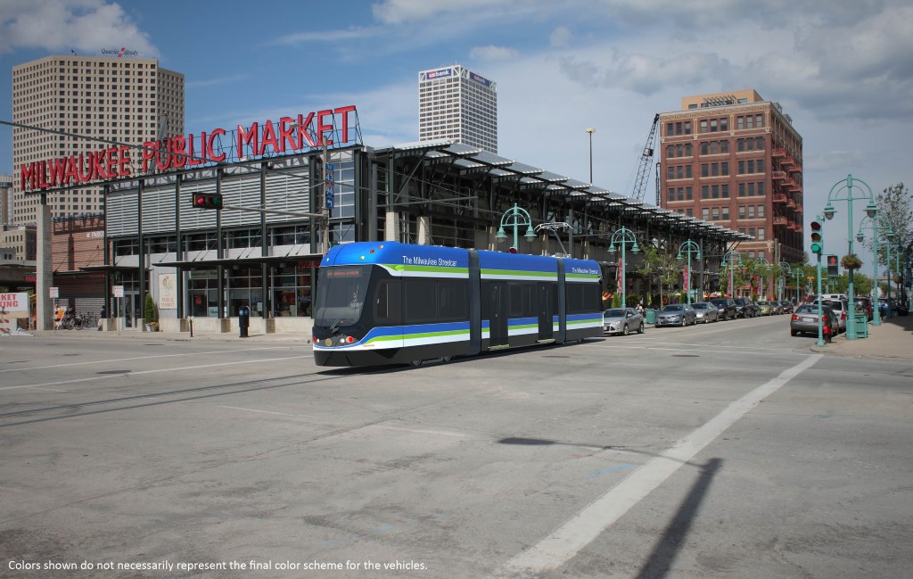 A rendering of a Brookville streetcar in Milwaukee's Third Ward. Milwaukee's streetcars will be manufactured by U.S.-based Brookville Equipment Corp.