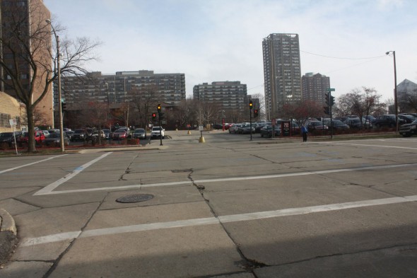 E. Highland Avenue between N. Broadway and N. Milwaukee Street becomes a parking lot. Photo by Carl Baehr.