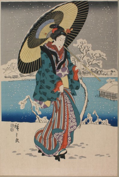 Bijinga. Utagawa Hiroshige Japanese, 1797 – 1858. Snow Scene at Ueno park (on the banks of the Shinobazu Lake (Edo)), 1847 -1848. Collection of the Haggerty Museum of Art, Marquette University