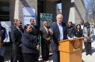 Mayor Tom Barrett and District 6 Ald. Milele Coggs (left) announce that a Pete’s Fruit Market is coming to Bronzeville. Photo by Mark Doremus.