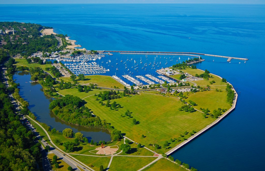 A view of Milwaukee's Bradford Beach, McKinley Marina, and Veteran's Park. June of 2012. Photo courtesy of MMSD.