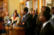 Common Council President Ashanti Hamilton and 11 of the city’s 14 other aldermen unveiled a multi-pronged anti-violence initiative. Photo by Jabril Faraj.