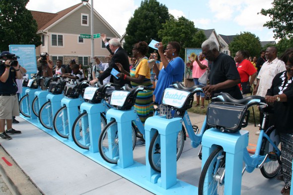 A ceremonial docking at the new Bublr Bikes station.