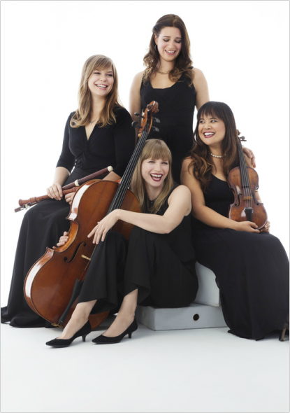 Standing Rona Nadler (harpsichord). Seated L to R - Alexa Raine-Wright (baroque flute and recorder), Sallynee Amawat (baroque violin) and Andrea Stewart (baroque cello). Photo courtesy of Early Music Now.Infusion Baroque Credit Elizabeth Delage. Photo courtesy of Early Music Now.