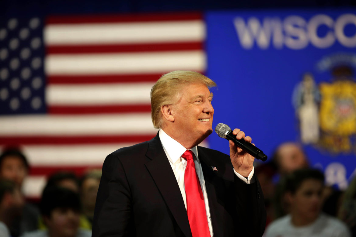 Presidential hopeful Donald Trump smiles while speaking at a campaign town hall event in Rothschild, Wis., April 2, 2016. Photo by Jacob Byk of the USA TODAY NETWORK - Wisconsin.