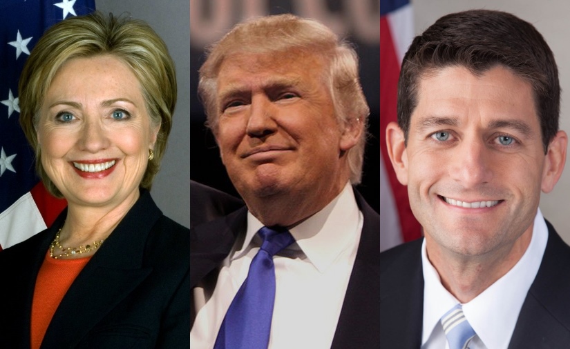 Hillary Clinton, Donald Trump and Paul Ryan.