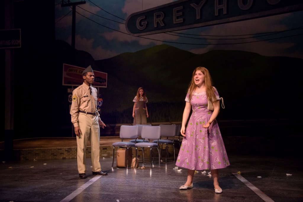 Lamar Jefferson (Flick), Ella Rose Kleefisch (young Violet) and Allie Babich (Violet) in Skylight Music Theatre’s Violet. Photo by Mark Frohna.