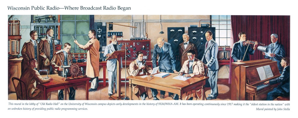 A mural by John Stella, still in UW-Madison’s Radio Hall today, celebrates the early days of radio. On the left are students and technicians. In the center are program director William Lighty (at podium) and chief operator Malcolm Hanson and station manager Earle Terry (seated at table). Standing behind them, left to right, are Radio Committee members Andy Hopkins, Edward Bennett and Henry Ewbank. On the right are early broadcasters, left to right, Waldemar Geltch, Pop Gordon and Paul Sanders. (Photo courtesy James Gill, Wisconsin Public Radio)