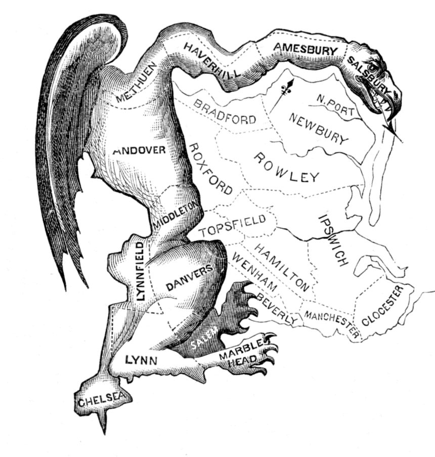 The term "gerrymandering" was coined in 1812, following the creation of a legislative district resembling a mythological salamander under Massachusetts Gov. Elbridge Gerry. Drawing by Elkanah Tisdale (public domain).