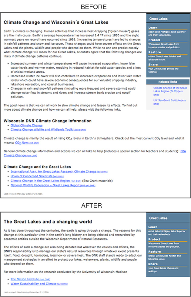This webpage, managed by Wisconsin's Department of Natural Resources, describes the impact of climate on the Great Lakes. Between oct. 30, 2016 (top), and Jan. 4 2017, it was changed to reflect that the effects of climate change are "being debated." (Jillian Kumagai for ProPublica)