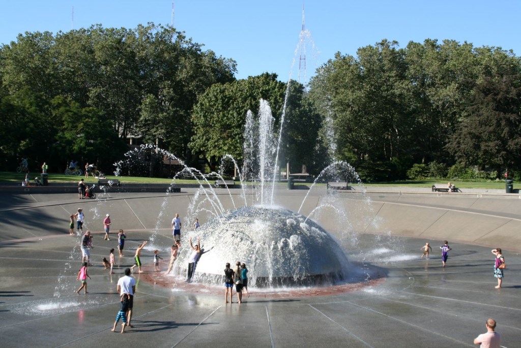 The International Fountain at the Seattle Center (home of the Space Needle) functions as a de-facto public pool Photo by Jeramey Jannene.