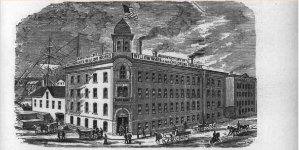 Meinecke building at Front and Mason. Photo from Industrial History of Milwaukee, the Commercial, Manufacturing and Railway Metropolis of the North-west: Its Great Natural Resources and Advantageous Location as a Shipping Point, with a Review of Its General Business Interests, Including History of Milwaukee Chamber of Commerce, Statistical and Descriptive, to which is Added a Series of Sketches of the Prominent Places and People of the Cream City, the Rise and Progress of Firms, Institutions, and Corporations. Elmer Epenetus Barton, E.E. Barton, 1886. Photo is in the Public Domain.