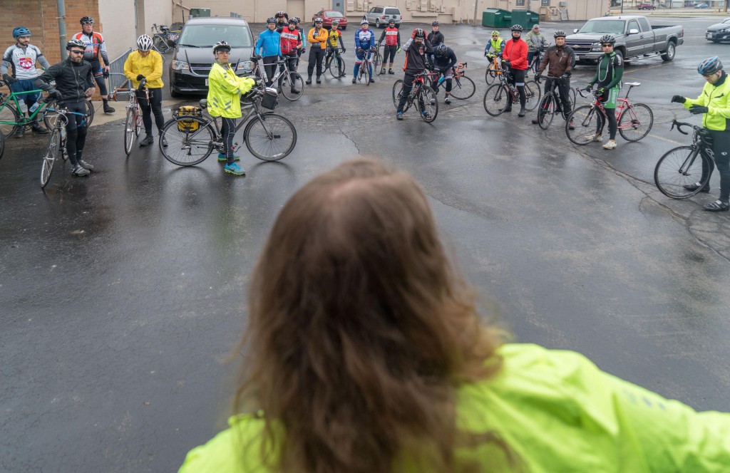 Amelia Kegel addresses the crowd before their ride to Paris sets off on a misty 38 degree morning last spring.