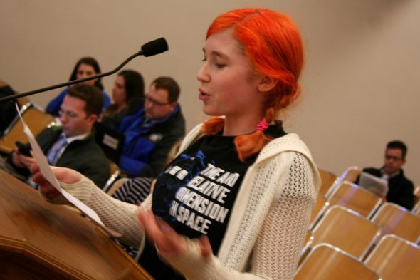 Ava Gessner, a student at Golda Meir, speaks against the uniform policy during a recent board meeting. Photo by Jabril Faraj.