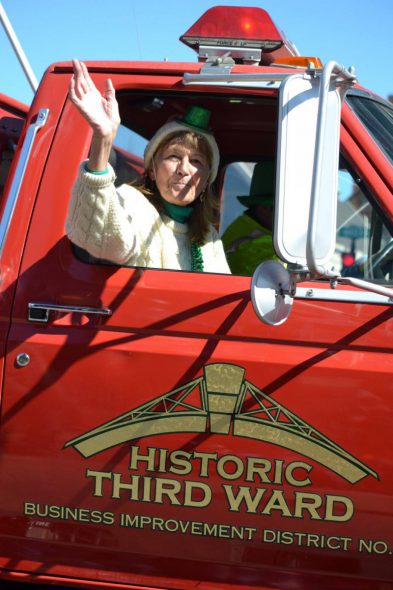 Nancy O’Keefe in the BID's fire engine. Photo by Gruce Fuhr.