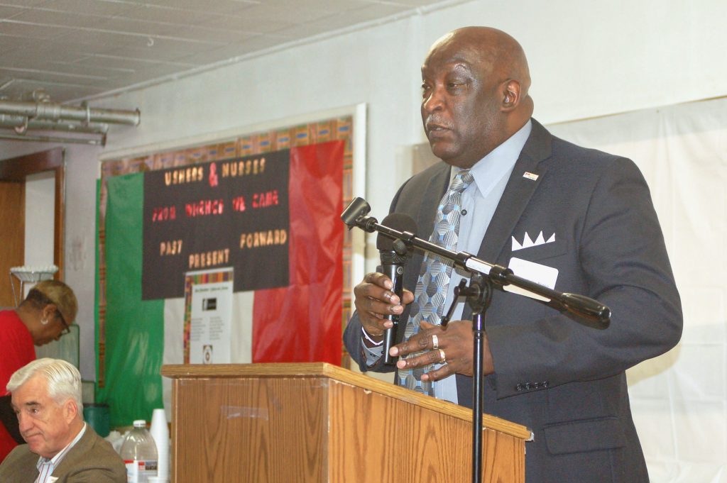 Rev. Willie Brisco, president emeritus of MICAH, addresses the crowd gathered at St. Matthews C.M.E. Church, 2944 N. 9th St., to discuss JobLines. Photo by Edgar Mendez.
