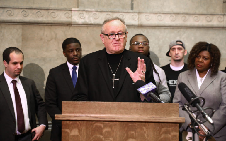 The Rev. Jerry Hancock speaks at the Wisconsin Capitol, March, 30. At the event, Sen. LaTonya Johnson, D-Milwaukee, announced the introduction of legislation that would prohibit the placement of inmates living with serious mental illnesses in solitary confinement for more than 10 days. Photo by Coburn Dukehart of the Wisconsin Center for Investigative Journalism.