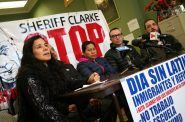 Christine Neumann-Ortiz (left) speaks during a press conference at Voces de la Frontera before the Dia sin Latinos, Immigrants and Refugees boycott and march in February. Photo by Jabril Faraj.