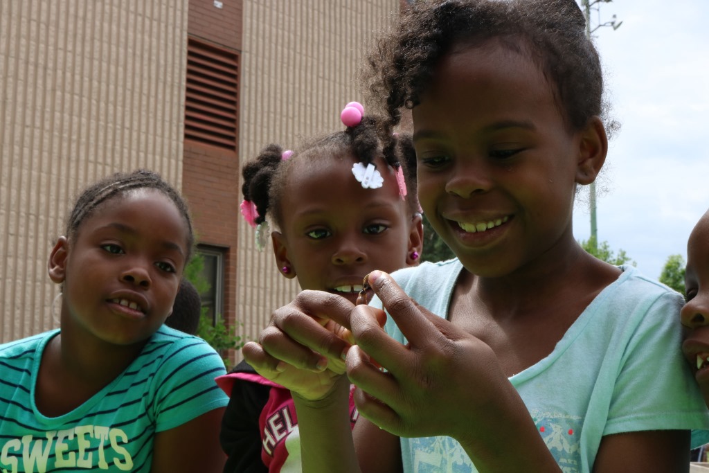 Several girls explore nature at the Washington Park Urban Ecology Center during a summer program. Photo courtesy of the Urban Ecology Center.