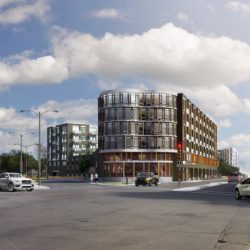 Rendering of proposed apartment building at 2130 S. Kinnickinnic Ave. Rendering by Korb + Associates Architects.