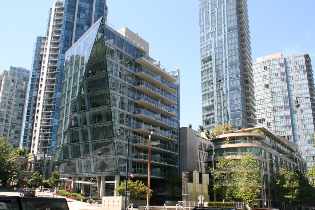 West Pender Place (the glass condominium buildings) and Dockside, a condominium development that looks like a boat in Vancouver, B. C. Photo by Jeramey Jannene.