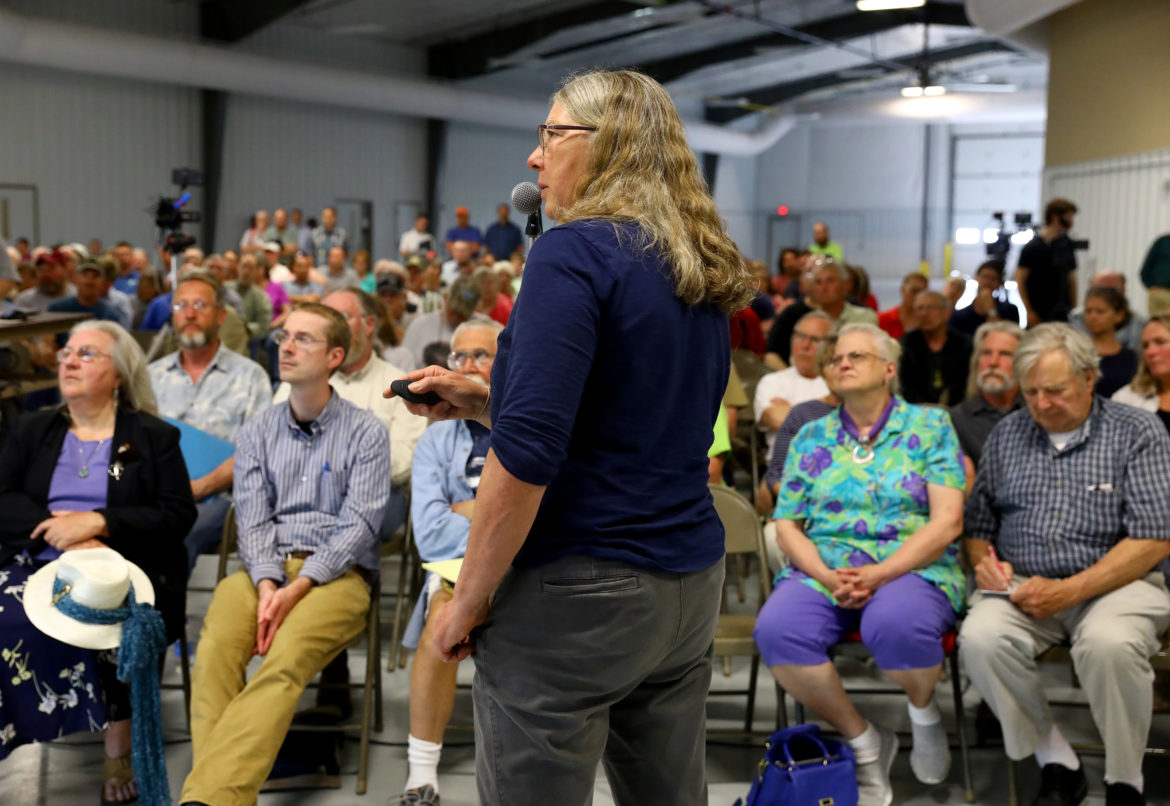 Maureen Muldoon, a geology professor from the University of Wisconsin-Oshkosh, presented data on the source and method of water contamination in Kewaunee County during a meeting at the Expo Hall at the Kewaunee County Fairgrounds, June 7, 2017. They presented data showing that both human and bovine wastes contributes to the contamination. "I cannot think of a hydrogeologically worse place than northeast Wisconsin to put a lot of cows," said Muldoon. Photo by Coburn Dukehart of the Wisconsin Center for Investigative Journalism.