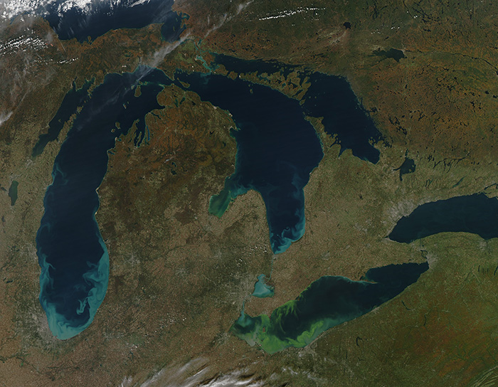 A major storm in October 2011 brought up sediment and algae in the Great Lakes. Climate change could increase the number of events with heavy precipitation. Photo from the NASA Earth Observatory.