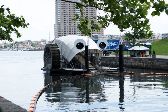 Mr. Trash Wheel. Photo by Matthew Bellemare (Mr. Trash Wheel) [CC BY-SA 2.0 (http://creativecommons.org/licenses/by-sa/2.0)], via Wikimedia Commons.