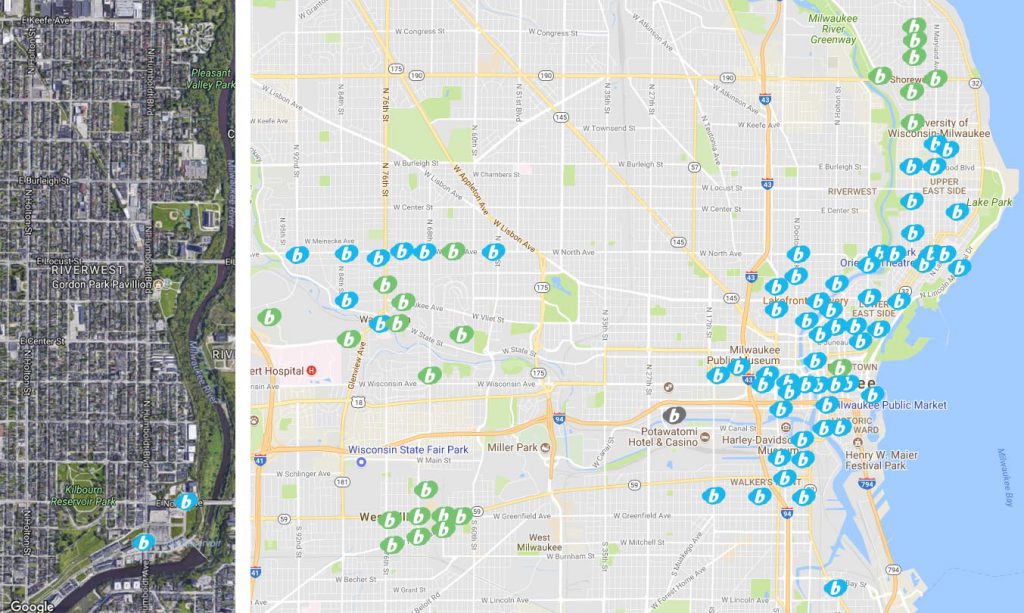 Riverwest and Bublr Network. Blue dots are existing, green dots are proposed.