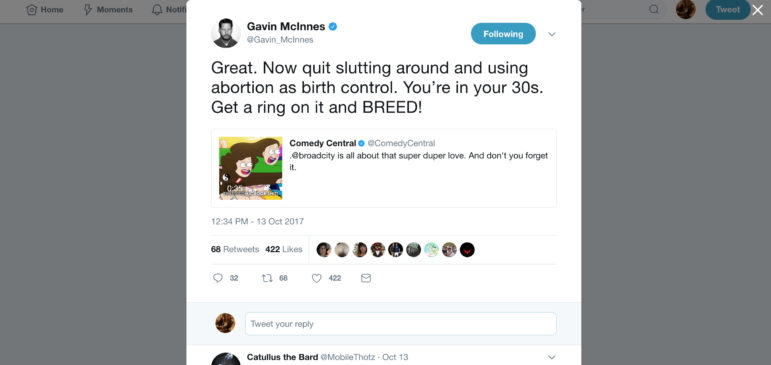 Proud Boys founder Gavin McInnes uses humor in messaging that some people find offensive. McInnes says most women would be happier if they stayed home and raised children. This is a screenshot from McInnes' Twitter feed. Image from twitter.com/Gavin_McInnes