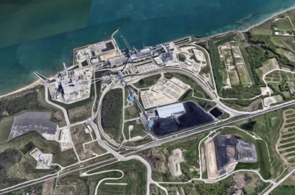 An aerial view of We Energies’ twin Oak Creek and Elm Road coal-fired power plants south of Milwaukee, Wisconsin. Image from Google Earth.