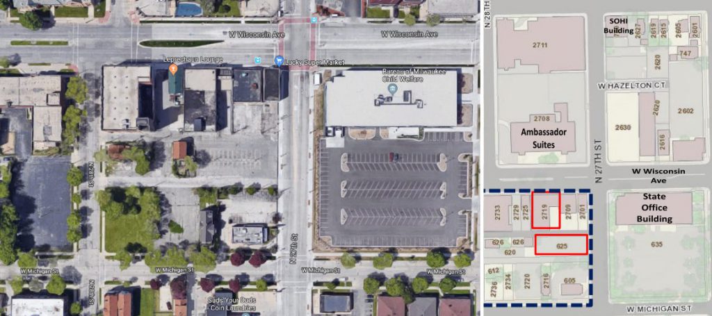 Intersection of N. 27th St. and W. Wisconsin Ave. (Left image, Google Maps, right image, City Land Report)