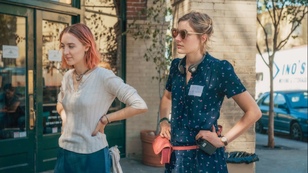 Saoirse Ronan (left) being directed by Greta Gerwig on the set of 'Lady Bird.'