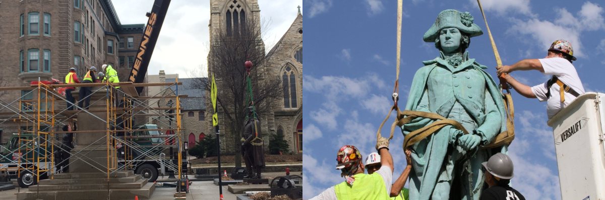 Statue re-installation (left, Art Heitzer), statue removal (right, MAB)