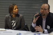 Panelists Sharlen Moore (left), executive director of Urban Underground, and Dr. Michael Levas, who specializes in pediatric emergency medicine at Children’s Hospital of Wisconsin and the Medical College of Wisconsin, said gun violence affects everyone. Photo by Elizabeth Baker.