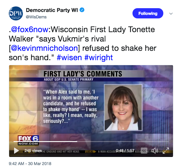 .@fox6now:Wisconsin First Lady Tonette Walker "says Vukmir's rival [@kevinmnicholson] refused to shake her son's hand.: #wisen #wiright