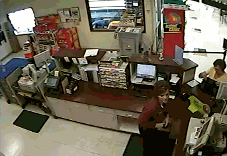 A screenshot of security footage from the Mega West store in Eau Claire, Wis., shows Kimberly Strand working at the counter. She stole a $10,000 winning scratch-off from a customer and gave it to her then-boyfriend Justin Brummond, who convinced his brother to cash it for $500. All three were charged and convicted in connection with the theft. Photo from the Wisconsin Lottery.