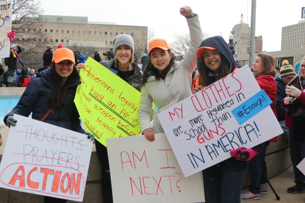 High school students Sofia Kurszewski, Alexa Grosz, Molinna Bui and Arianna Neal are among those standing up for gun reform. Photo by Margaret Cannon.