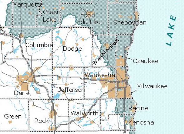 Most of eastern Racine County is located within the Great Lakes Basin. Map from the Wisconsin Department of Natural Resources.