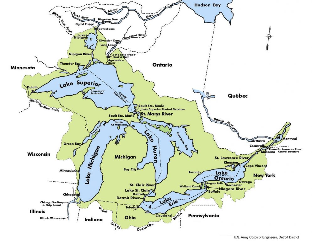 Regulation of Great Lakes water use is regulated by the overlapping terms of the Great Lakes Compact alongside state and provincial laws. Map from the U.S. Army Corps of Engineers.