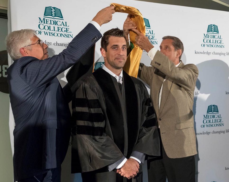 Dr. David Margolis, Aaron Rodgers and Jon McGlocklin. Photo courtesy of the Medical College of Wisconsin.