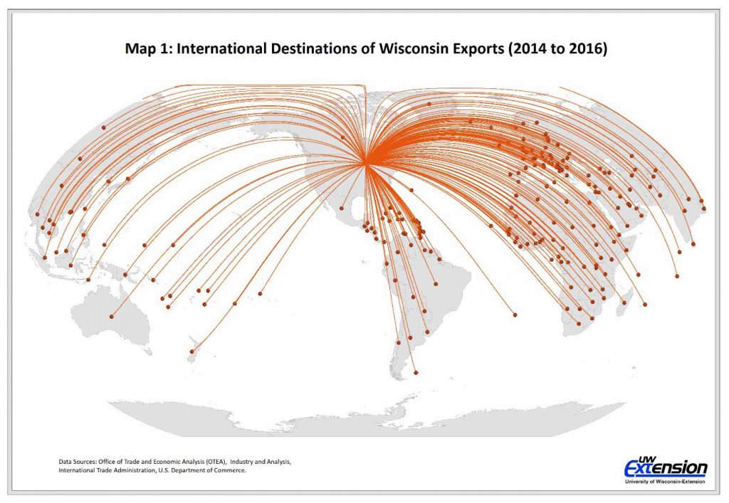 International Destinations of Wisconsin Exports (2014 to 2016). By WIndicators/UW-Extension Center for Community & Economic Development.