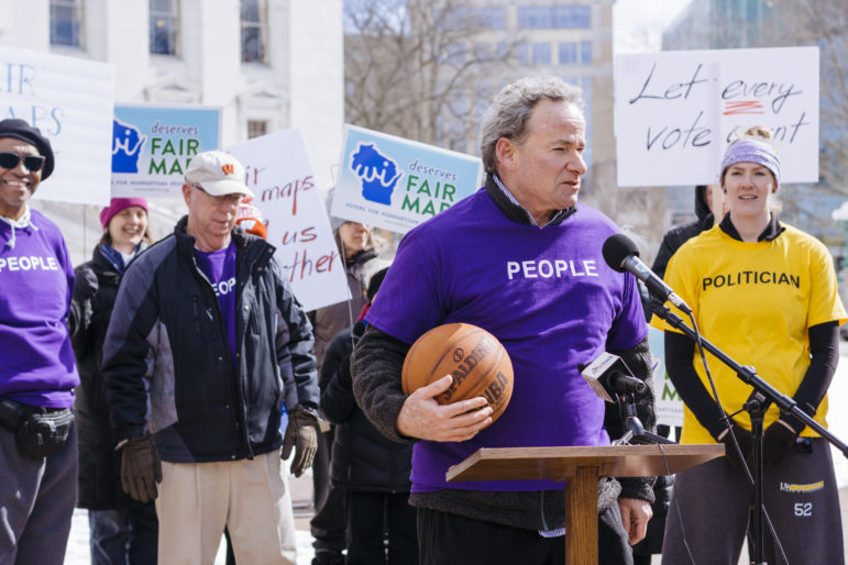 Matt Rothschild, executive director of the Wisconsin Democracy Campaign, speaks at Maps Madness: Voters vs. Politicians, a rally organized by the Wisconsin Fair Maps Coalition on March 7, 2018. Rothschild has called the secretive process used by Republicans in the Legislature in 2011 a “grotesque” deprivation of people’s “First Amendment rights to speak and be heard.” The U.S. Supreme Court is deciding whether that redistricting illegally discriminates against Democrats. Photo by Cameron Smith / Wisconsin Center for Investigative Journalism.