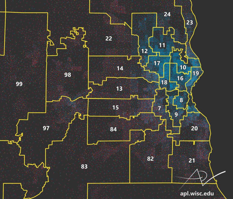 The outlines of the Wisconsin Assembly map adopted in 2011 illustrate how Democratic votes in the 2016 presidential election, centered in the city of Milwaukee, are distributed among the legislative districts. Map by Caitlin McKown/UW Applied Population Lab.