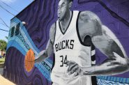 Giannis Antetokounmpo mural by Fred Kaems located at 3600 S. Clement Ave. Photo by Jeramey Jannene.