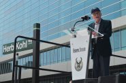 Herb Kohl speaks at the Fiserv Forum grand opening. Photo by Jack Fennimore.